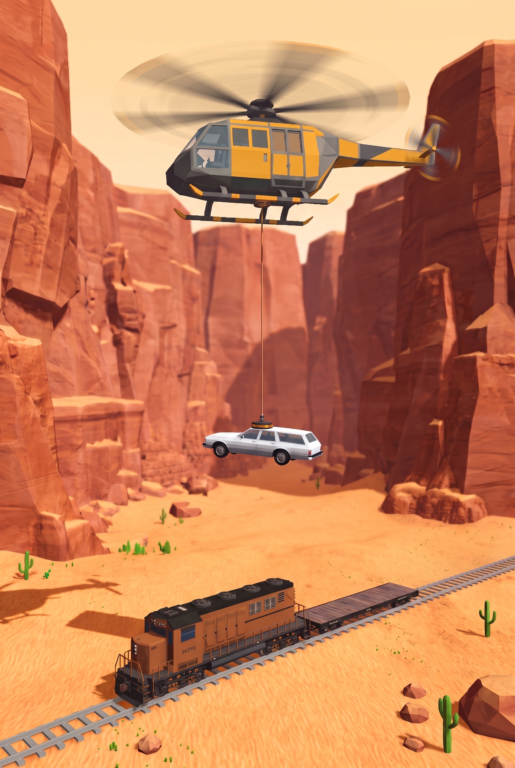 Cargo helicopter magnet-lifting a car off a moving freight train